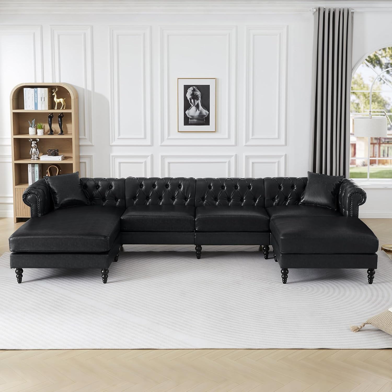 ORRD Black Faux Leather U-Shaped Chesterfield Sofa - Oversized Sectional with Tufted Accents and Nailhead Trim
