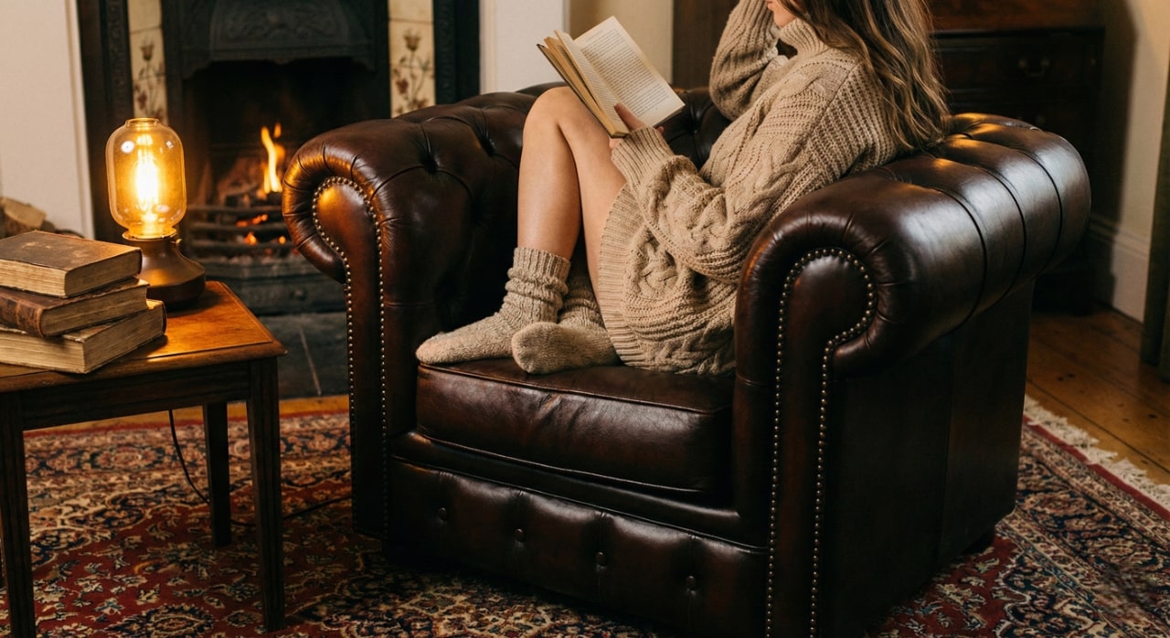 Cozy ORRD Chesterfield accent chair in dark brown leather placed in a reading nook with soft warm lighting.